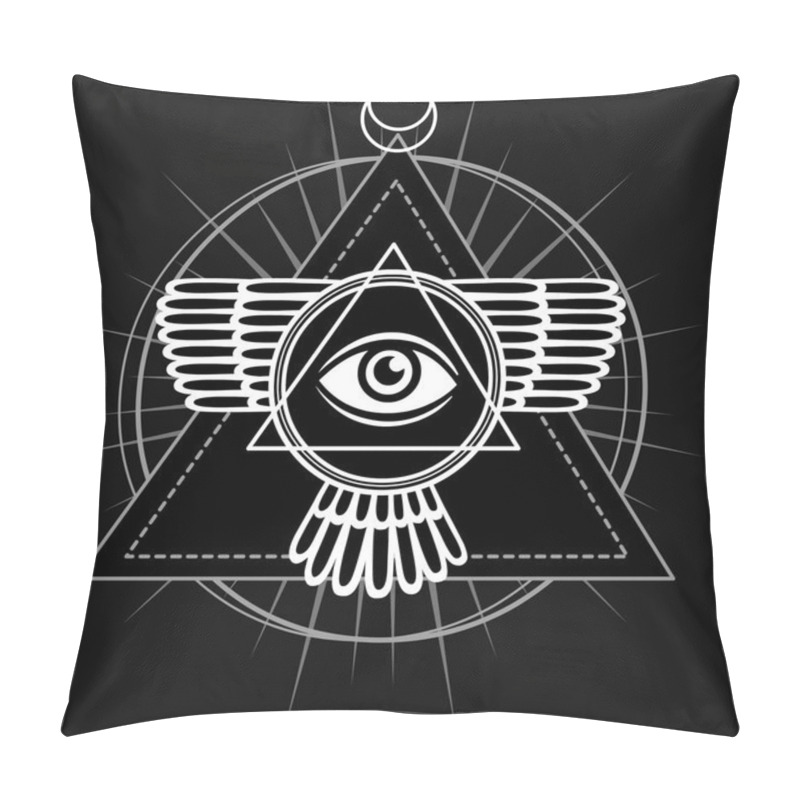 Personality  Esoteric Symbol: Winged Pyramid, Knowledge Eye, Sacred Geometry. The Monochrome Drawing Isolated On A Black Background. Vector Illustration. Print, Posters, T-shirt, Textiles. Pillow Covers