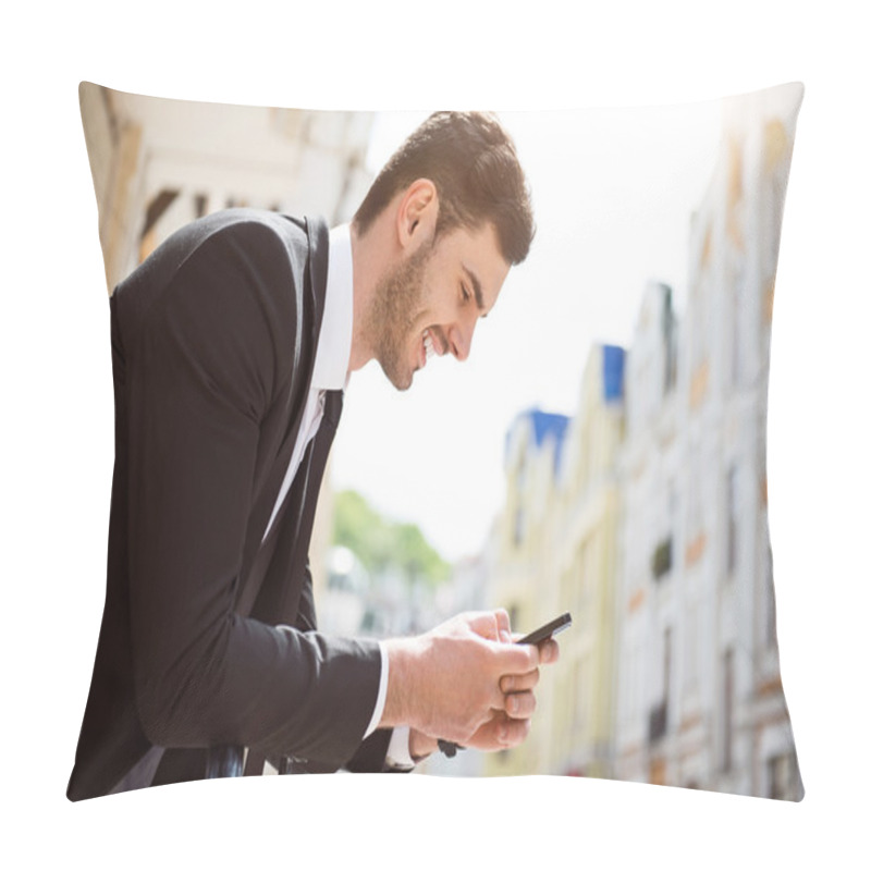 Personality  Positive Man Holding Cell Phone Pillow Covers