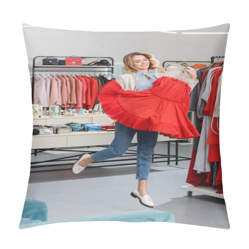 Personality  Happy Customer Jumping With Dress On Hanger In Showroom  Pillow Covers