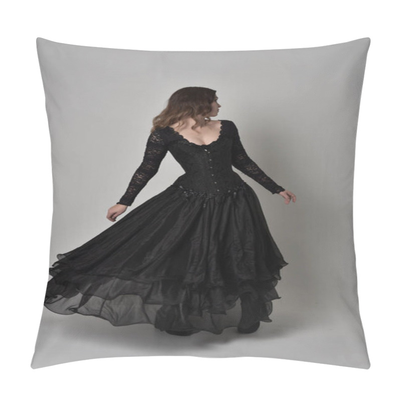 Personality  Full Length Portrait Of Brunette Girl Wearing Long Black Lace Gown Wit Corset. Standing Pose, Isolated On Grey Studio Background. Pillow Covers