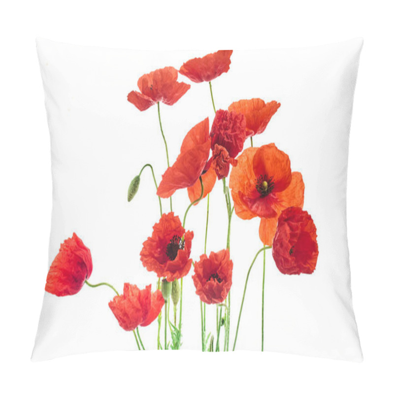 Personality  A Collection Of Bright Red Poppies With Delicate Petals Against A Pure White Backdrop. Pillow Covers