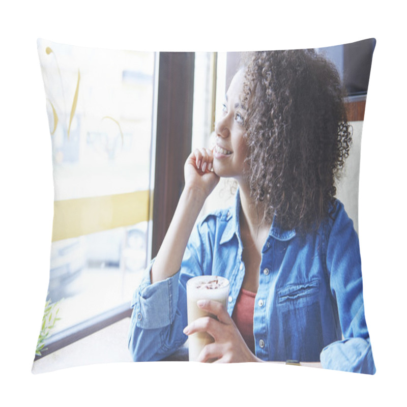 Personality  Young Woman Relaing At The Cafe Pillow Covers