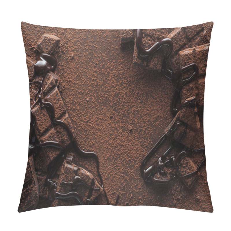 Personality  Top View Of Pieces Of Chocolate With Liquid Chocolate And Cocoa Powder On Metal Background Pillow Covers