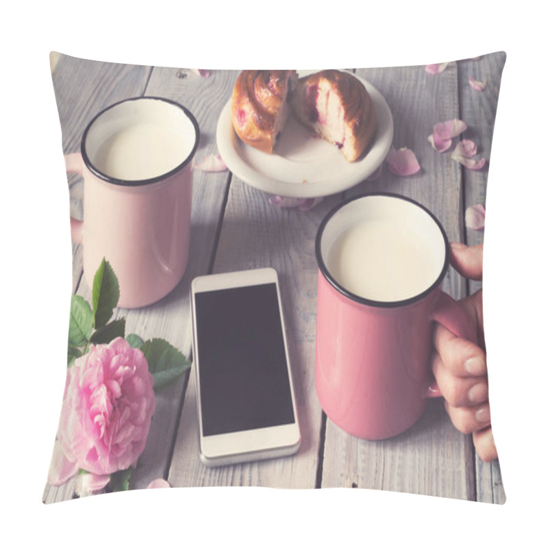 Personality  Two Pink Cups With Milk On The White Wooden Table Pillow Covers