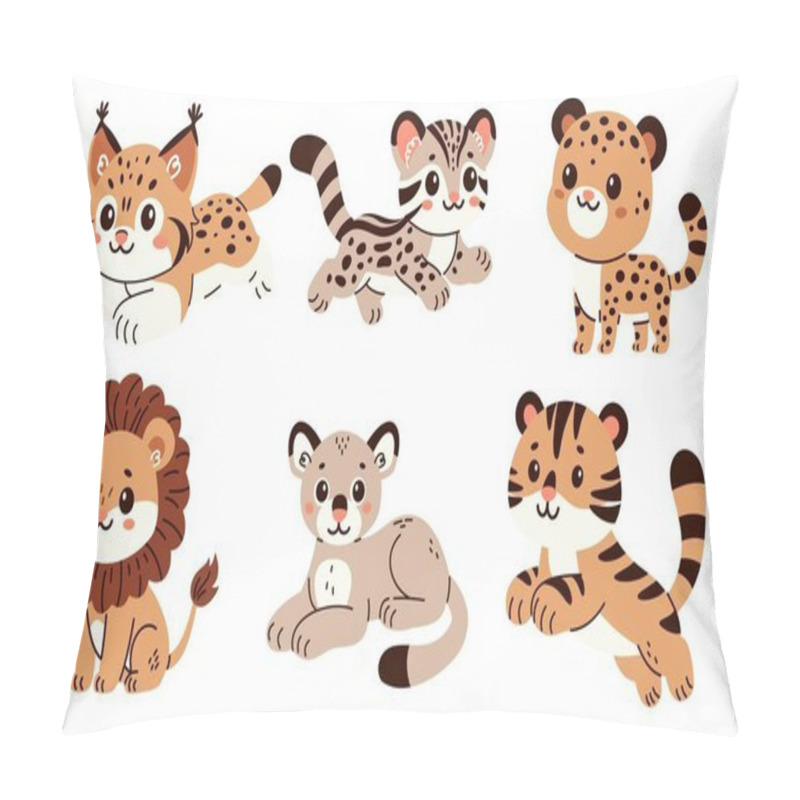 Personality  Set Of Flat Vector Illustrations In Childrens Style. Cute Wild Cats Lion, Tiger, Leopard, Puma, Ocelot, Lynx. . Vector Illustration Pillow Covers