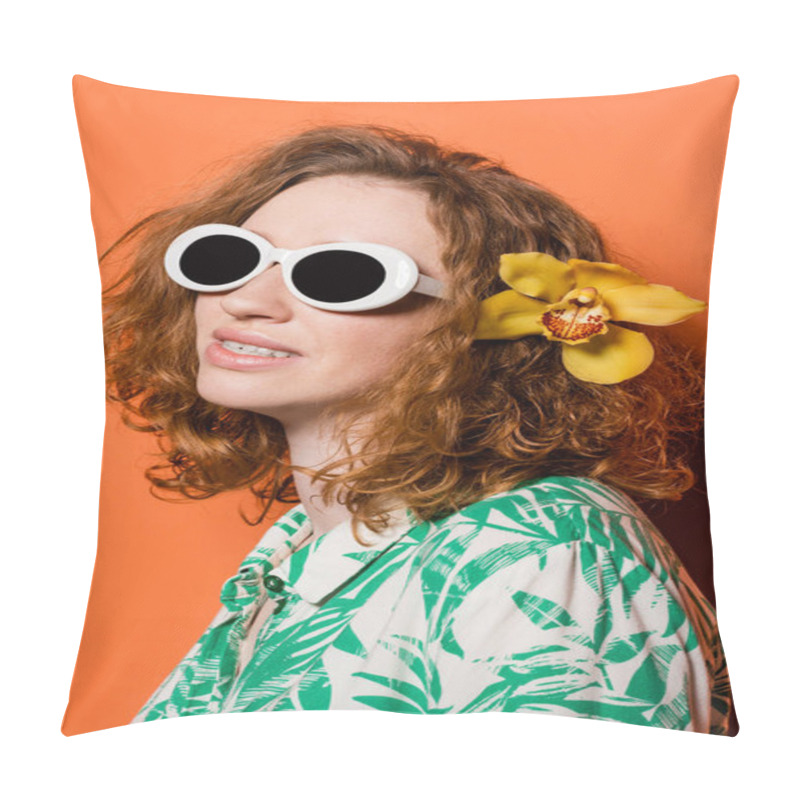 Personality  Young Trendy Red Haired Woman With Sunglasses, Blouse With Floral Print And Orchid Flower In Hair Smiling While Standing On Orange Background, Summer Casual And Fashion Concept, Youth Culture Pillow Covers