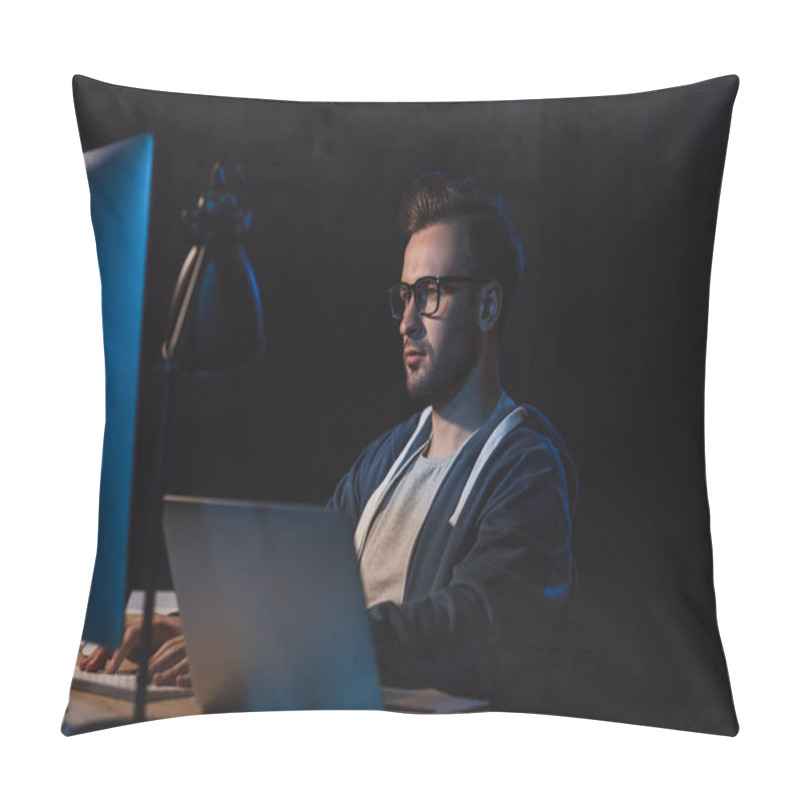 Personality  Young Programmer In Eyeglasses Working With Desktop Computer And Laptop At Night Pillow Covers