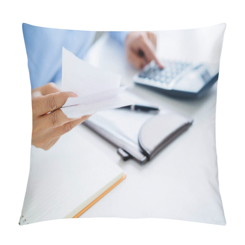 Personality  Woman With Bills And Calculator. Woman Using Calculator To Calculate Bills At The Table In Office. Calculation Of Costs. Pillow Covers