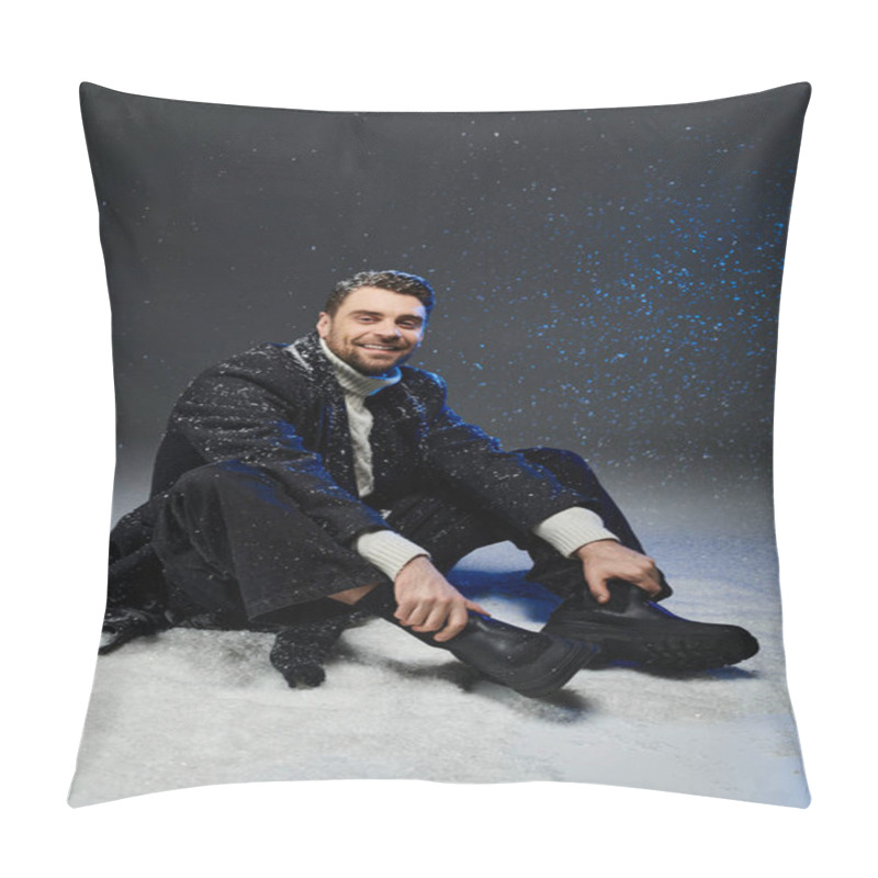 Personality  This Cheerful Young Man Smiles As He Sits In The Snow, Removing His Winter Boots Playfully. Pillow Covers