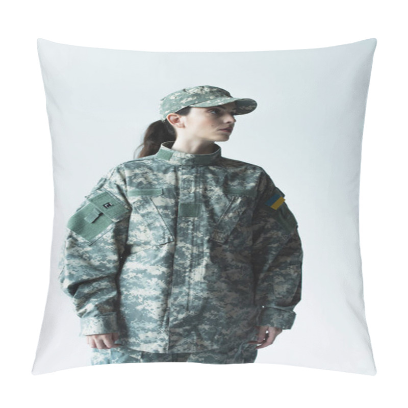 Personality  Military Woman With Ukrainian Chevron Looking Away Isolated On Grey Pillow Covers