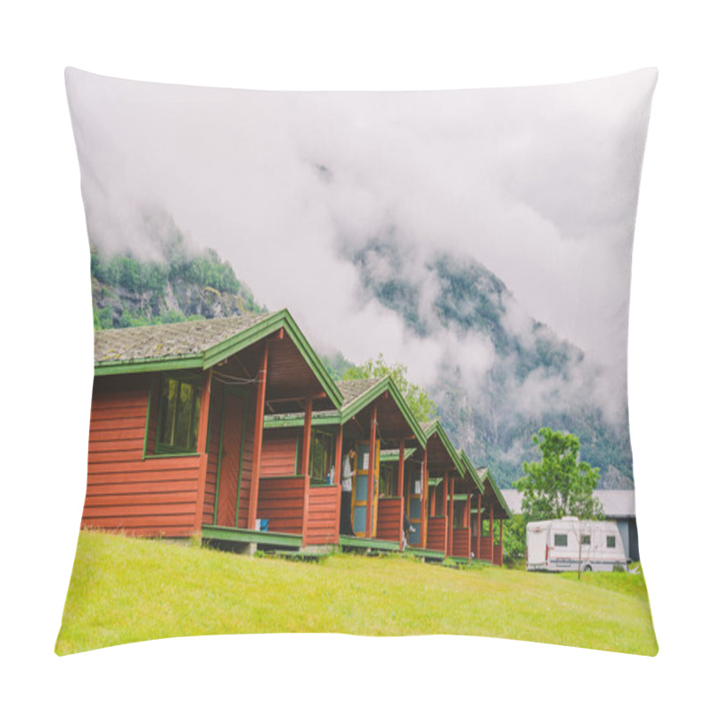 Personality  Traditional Red Camping Houses In Lunde Camping, Norway July 21, 2019. Classical Norwegian Camping Site With Traditional Wooden Red Cottages, Northern Norway. Camping Cabins Pillow Covers