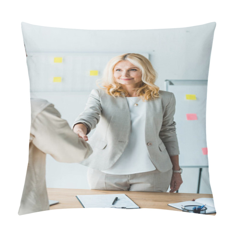 Personality  Selective Focus Of Blonde Recruiter Shaking Hands With Employee In Office  Pillow Covers