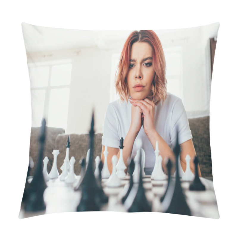 Personality  Thoughtful Girl Playing Chess On Self Isolation, Selective Focus Pillow Covers