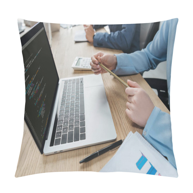 Personality  Cropped View Of Programmer Sitting In Meeting Room Near Laptop With Programming Code On Screen  Pillow Covers