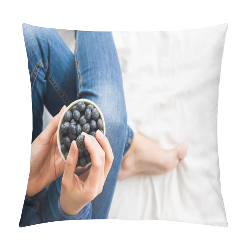 Personality  Healthy Eating Concept. Woman Having Blueberries In Bed. Top View. Pillow Covers