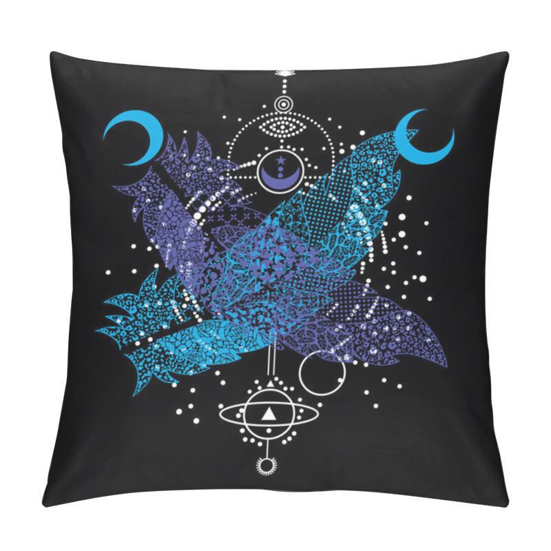 Personality  T-shirt Design Of Two Abstract Blue And Violet Feathers Crossed On A Geometric Image On A Black Background. Pillow Covers