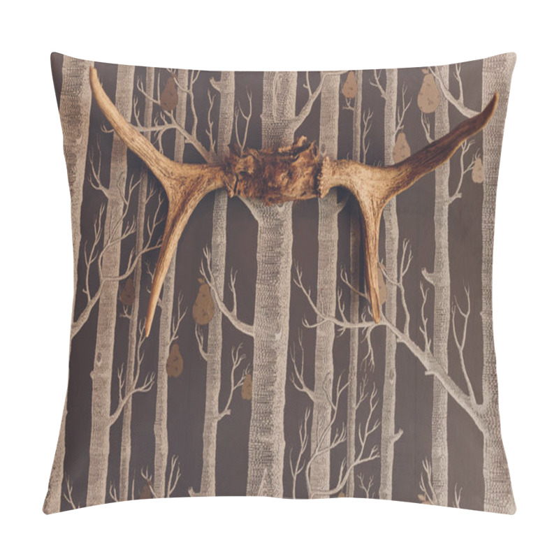 Personality  The Head Of A Dead Deer With Horns And Fur On The Wall In The Room. Pillow Covers