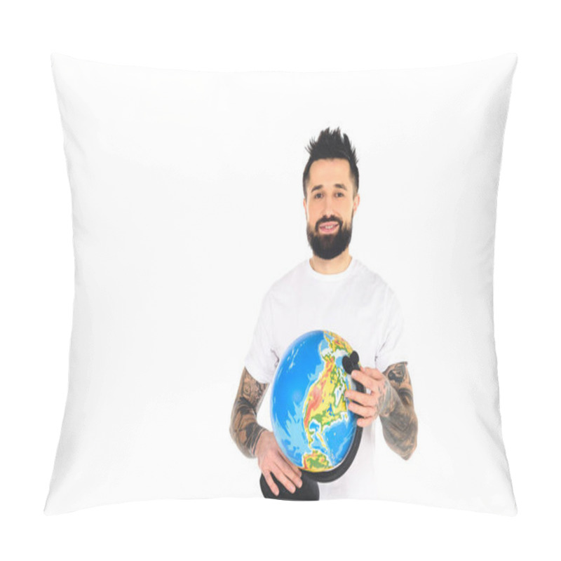 Personality  Smiling Bearded Tattooed Man Holding Globe Isolated On White Pillow Covers