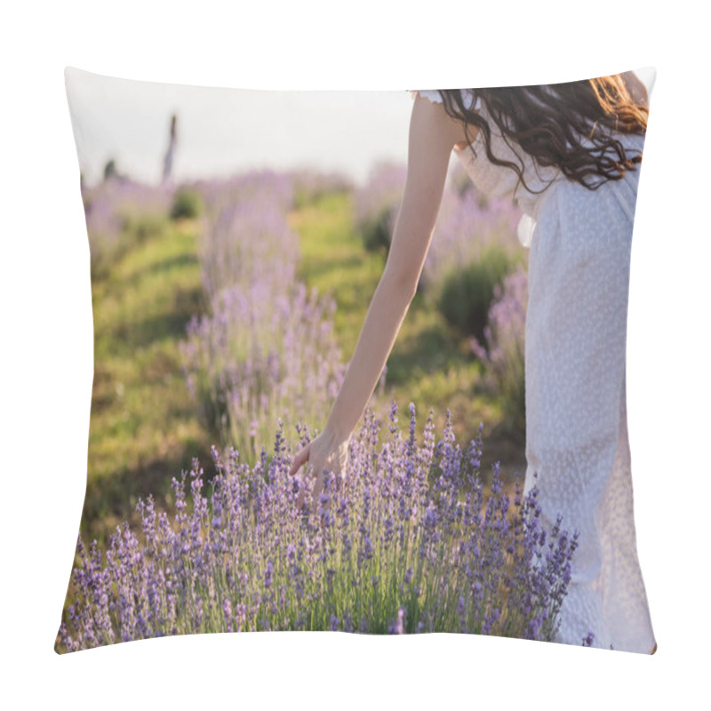 Personality  Cropped View Of Woman Touching Blossoming Lavender In Meadow Pillow Covers