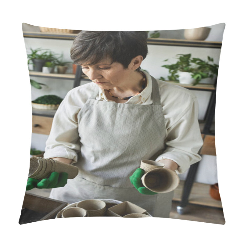 Personality  A Gardener Lovingly Tends To Her Plants In A Tranquil Studio. Pillow Covers