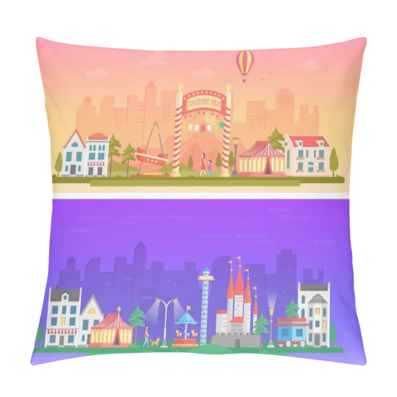 Personality  Day, Night Amusement Park - Set Of Modern Flat Vector Illustrations Pillow Covers