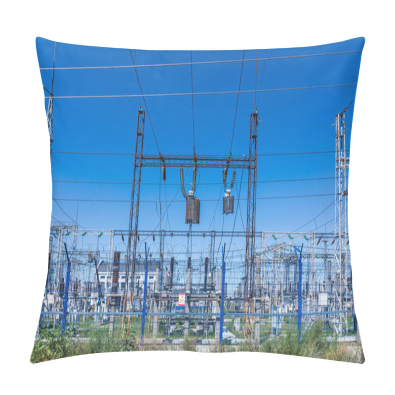 Personality  The Poles And Wires Of Elecric Substation On The Background Of Blue Sky In The Sunny Summer Weather Pillow Covers