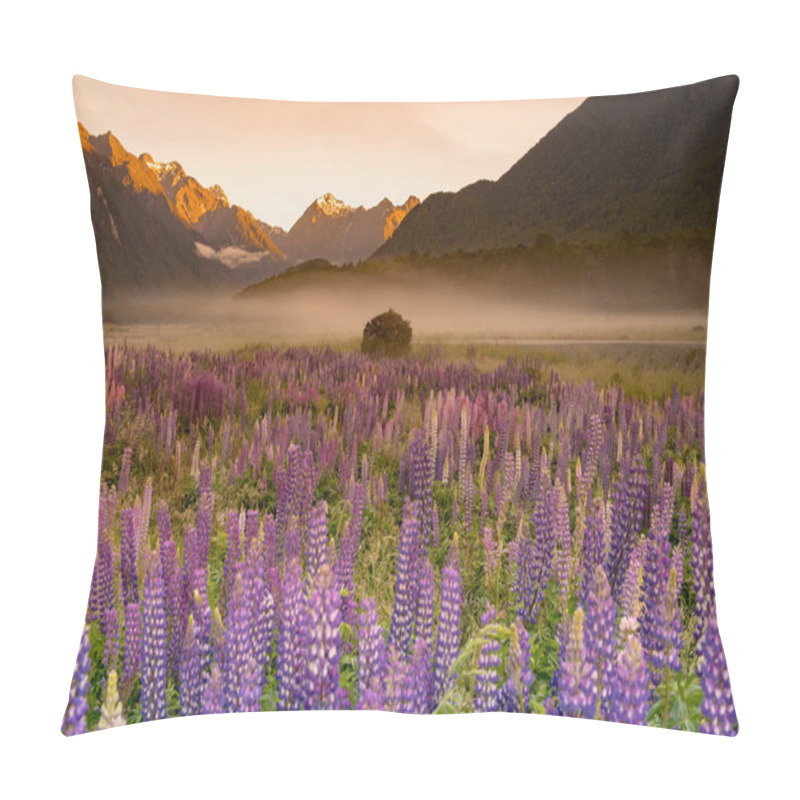 Personality  Full Bloom Lupine Flora Field With Mountain Background During Morning, New Zealand Natural Landscape Pillow Covers