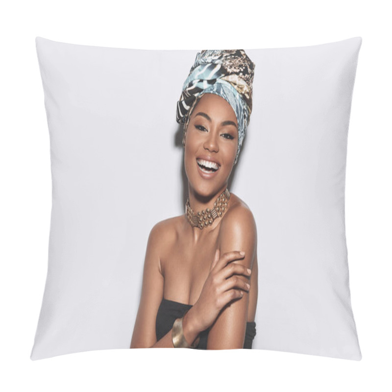 Personality  Happy. Attractive Young African Woman In Turban Looking At Camera And Smiling While Standing Against Grey Background Pillow Covers