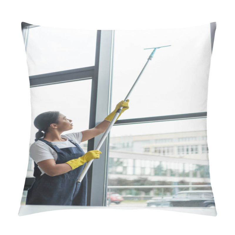 Personality  Bi-racial Woman In Overalls And Rubber Gloves Cleaning Large Windows In Office Pillow Covers