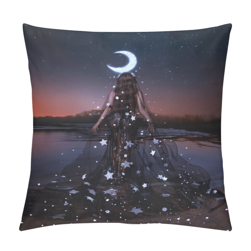 Personality  Photo Real People Fantasy Woman Queen Night Lady Moon Walks On Water Crown Glows, Black Dress Shining Stars Fairy Girl Goddess Back Rear View. Summer Dark Nature Lake River Art Portrait Sexy Queen. Pillow Covers