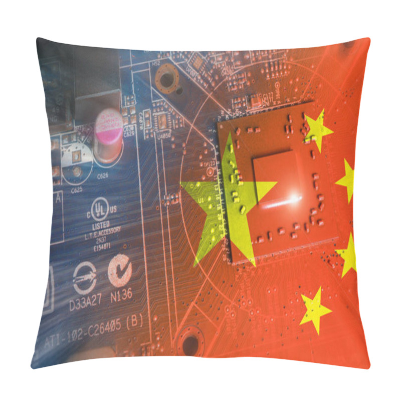 Personality  Flag Of The Republic Of China On The Core Of A Processor Of A Printed Electronic Circuit Board. Concept For Supremacy In Global Microchip And Semiconductor Manufacturing. Pillow Covers