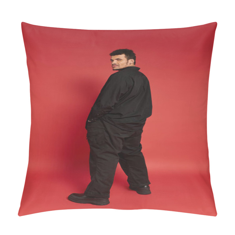 Personality  Young Man Showcases A Trendy Black Outfit With Charisma While Standing Against A Bold Backdrop. Pillow Covers