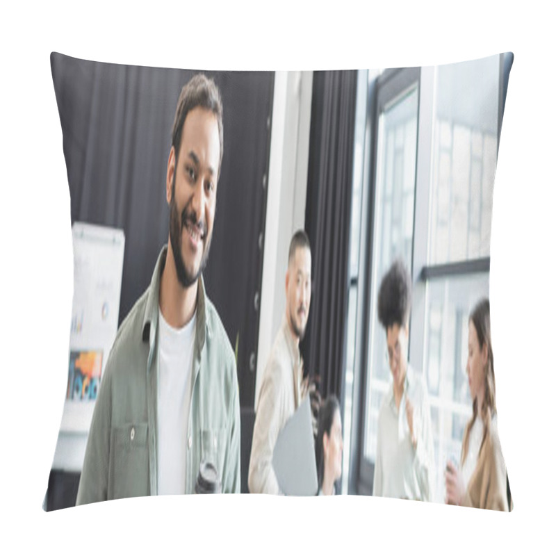 Personality  Happy Indian Businessman Holding Coffee To Go And Tablet Near Diverse Startup Team, Banner Pillow Covers