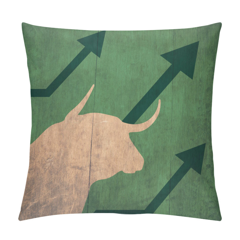 Personality  Pretty Portrait Bull And A Upward Arrow Indicating The Up Of The Stock Market Green Background, Stock Market Up And Bull Concept. Creative Art With Intense Color. Poster For Banner Pillow Covers