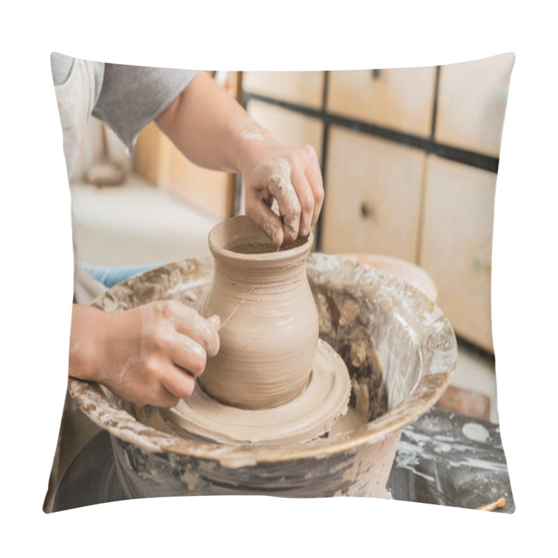 Personality  Cropped View Of Young Female Artisan In Apron Cutting Wet Clay Vase On Spinning Pottery Wheel On Table In Blurred Ceramic Workshop, Clay Shaping And Forming Process Pillow Covers