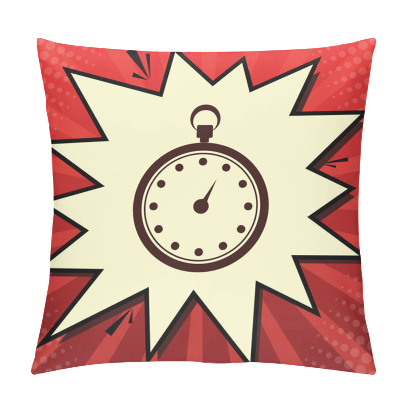 Personality  Stopwatch Sign Illustration. Vector. Dark Red Icon In Lemon Chiffon Shutter Bubble At Red Popart Background With Rays. Pillow Covers