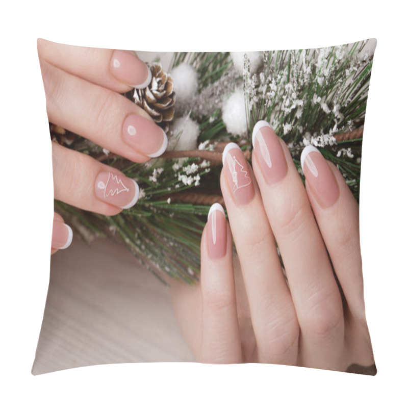 Personality  Snow White Manicure On Female Hands. Winter Nail Design. Pillow Covers