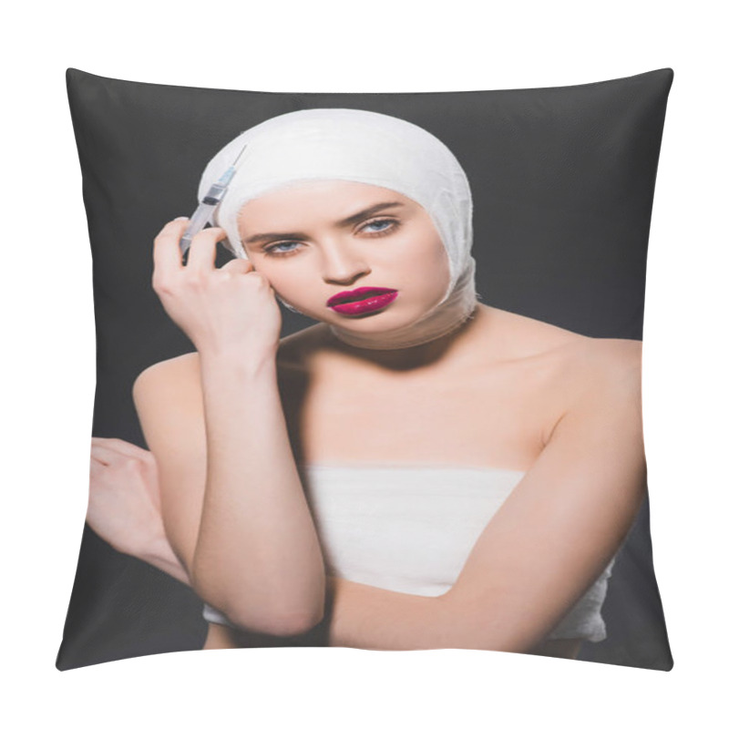 Personality  Beautiful Woman With Bandaged Head Holding Syringe Isolated On Grey  Pillow Covers