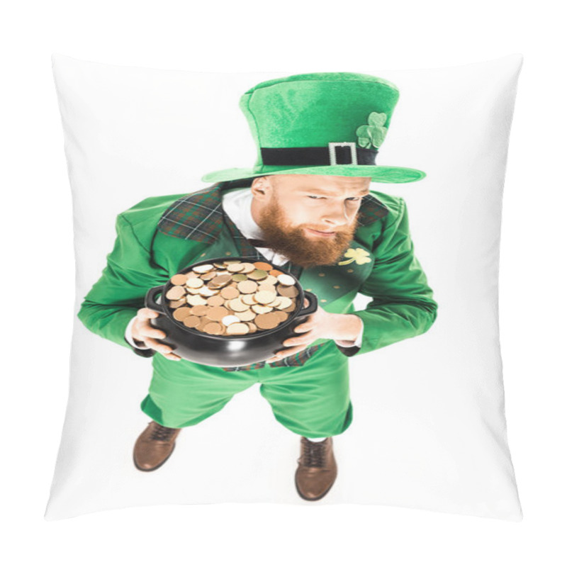 Personality  Leprechaun In Green Suit Holding Pot Of Gold, Isolated On White  Pillow Covers