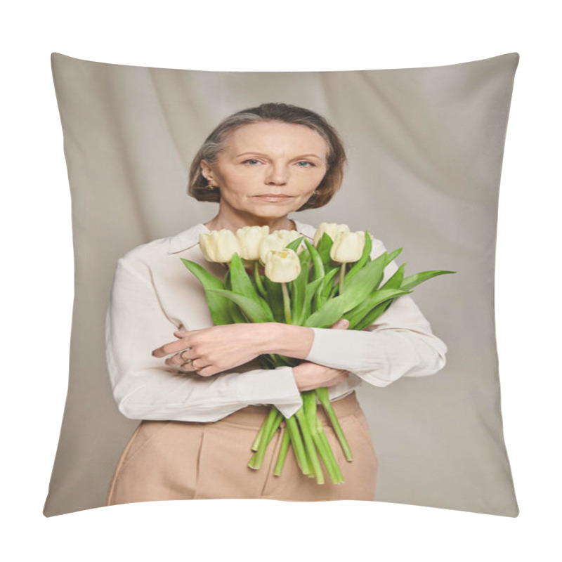 Personality  A Woman Gracefully Holds A Vibrant Bouquet Of Tulips. Pillow Covers