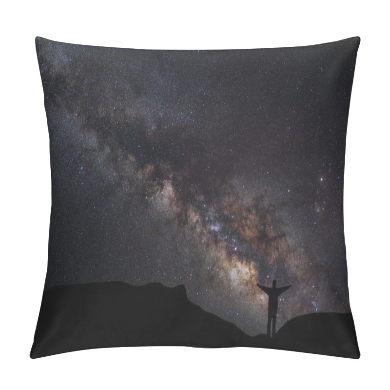 Personality  Landscape With Milky Way, Night Sky With Stars And Silhouette Of A Standing Happy Man On The Mountain Pillow Covers