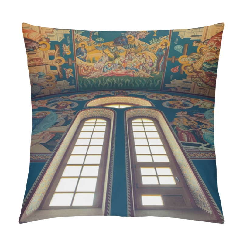 Personality  The Beautifully Painted Interior Of Orthodox Church With Vibrant Religious Frescoes Depicting Various Biblical Scenes And Arched Windows That Allow Light To Illuminate The Artwork. Pillow Covers