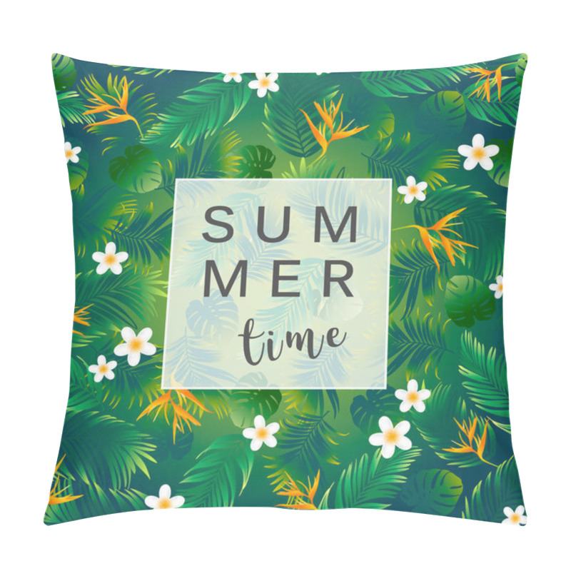 Personality  Summer Time Banner With Palm Leaves And Tropical Flowers Pillow Covers