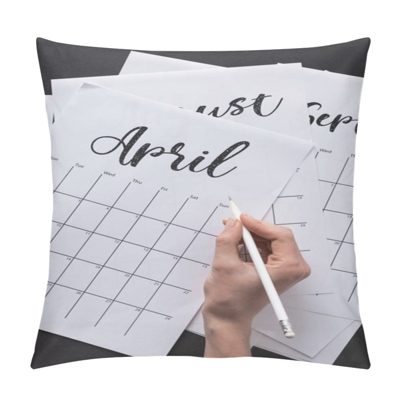 Personality  Partial View Of Woman Making Notes In Calendar Isolated On Black Pillow Covers