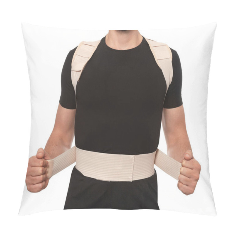 Personality  Closeup View Of Man With Orthopedic Corset On White Background Pillow Covers