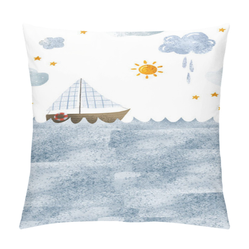 Personality  Vertical Illustration With Cute Wooden Yacht, River Travel. Rest. Seascape With Waves, Sky With Clouds, Stars And Sun. Children's Landscape. Oceania. Isolated Illustration Pillow Covers