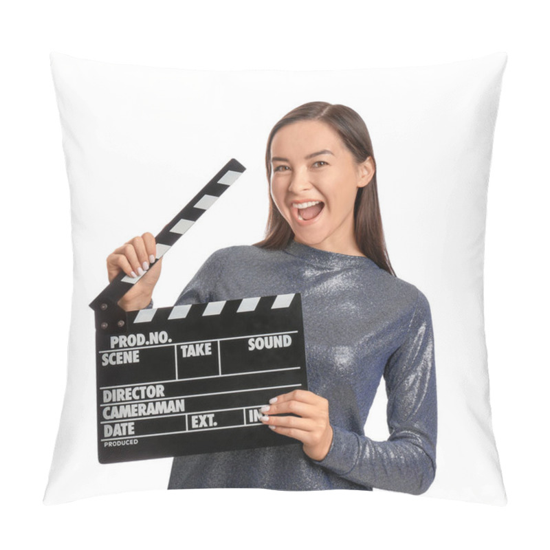 Personality  Young Female Film Director With Movie Clapper On White Background Pillow Covers