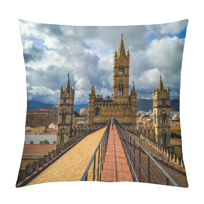 Personality  Palermo, Sicily, Italy. 10 January 2018: A View From The Rooftop Of The Palermo Cathedral In Sicily, Italy, Looking Towards The City And Surrounding Mountains. Pillow Covers