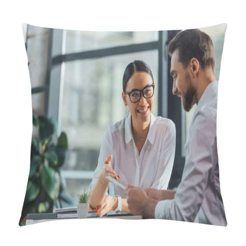 Personality  Female Asian Translator Working Working With Smiling Businesswoman Pillow Covers