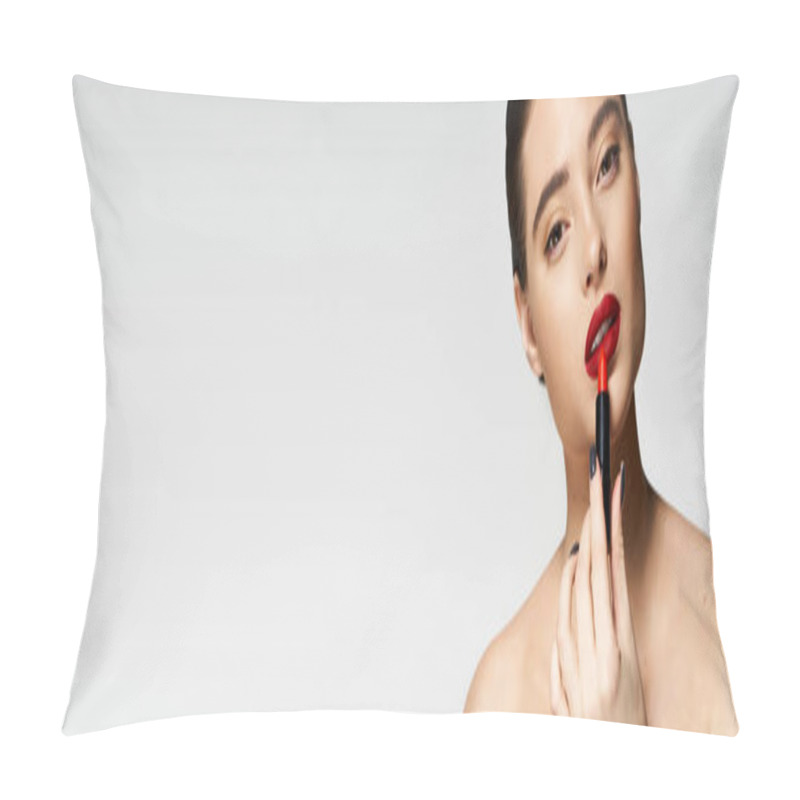 Personality  A Lovely Woman Enhances Her Look By Applying Striking Red Lipstick With Confidence. Pillow Covers